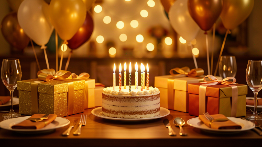 Birthday celebration table with cake, candles, wrapped gifts and warm golden lighting